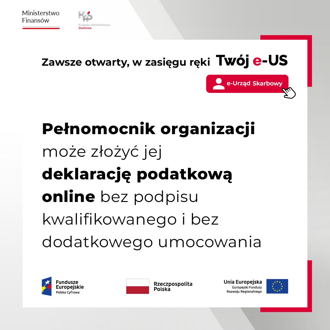 ✅ Udostępniliśmy w #TwójeUS nowe funkcje dla organizacji.
💼 Teraz organizacje nie muszą już upoważniać pełnomocników do składania deklaracji drogą elektroniczną.
#eUsługiKAS
Wejdź na ➡️ podatki.gov.pl i sprawdź!