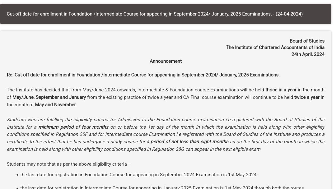 chartered_world's tweet photo. So basically there won't be an attempt in Nov'24 for CA Inter Students who cleared foundation in Dec'23. They have to appear in Jan'25. They don't even have an option to appear in Sep'24. That means they have to wait for 2 more months. Isn't it injustice to them? #icai #castudent https://t.co/lA0IHGJpYc