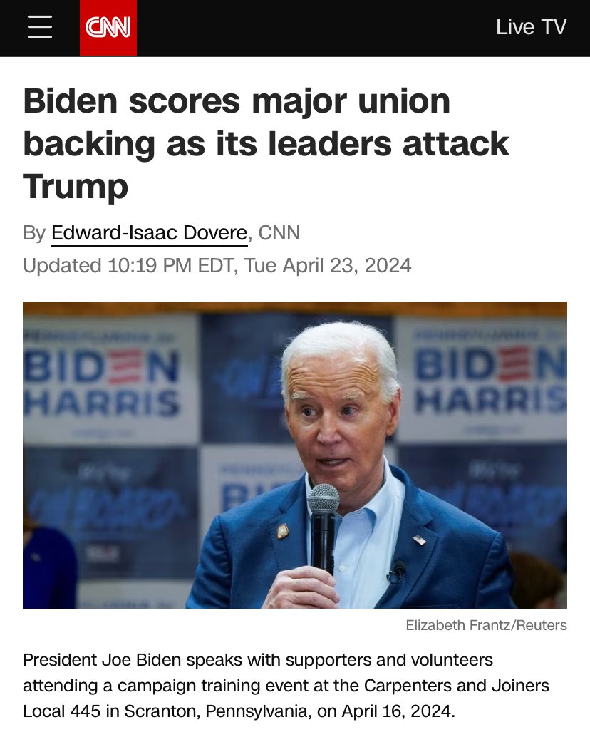 The biggest construction union is endorsing Biden. The head of the union explained that Trump had promised him several times that he’d fix their pensions and pass infrastructure but never did it. It was President Biden that did both and all 3 million members are very grateful.
