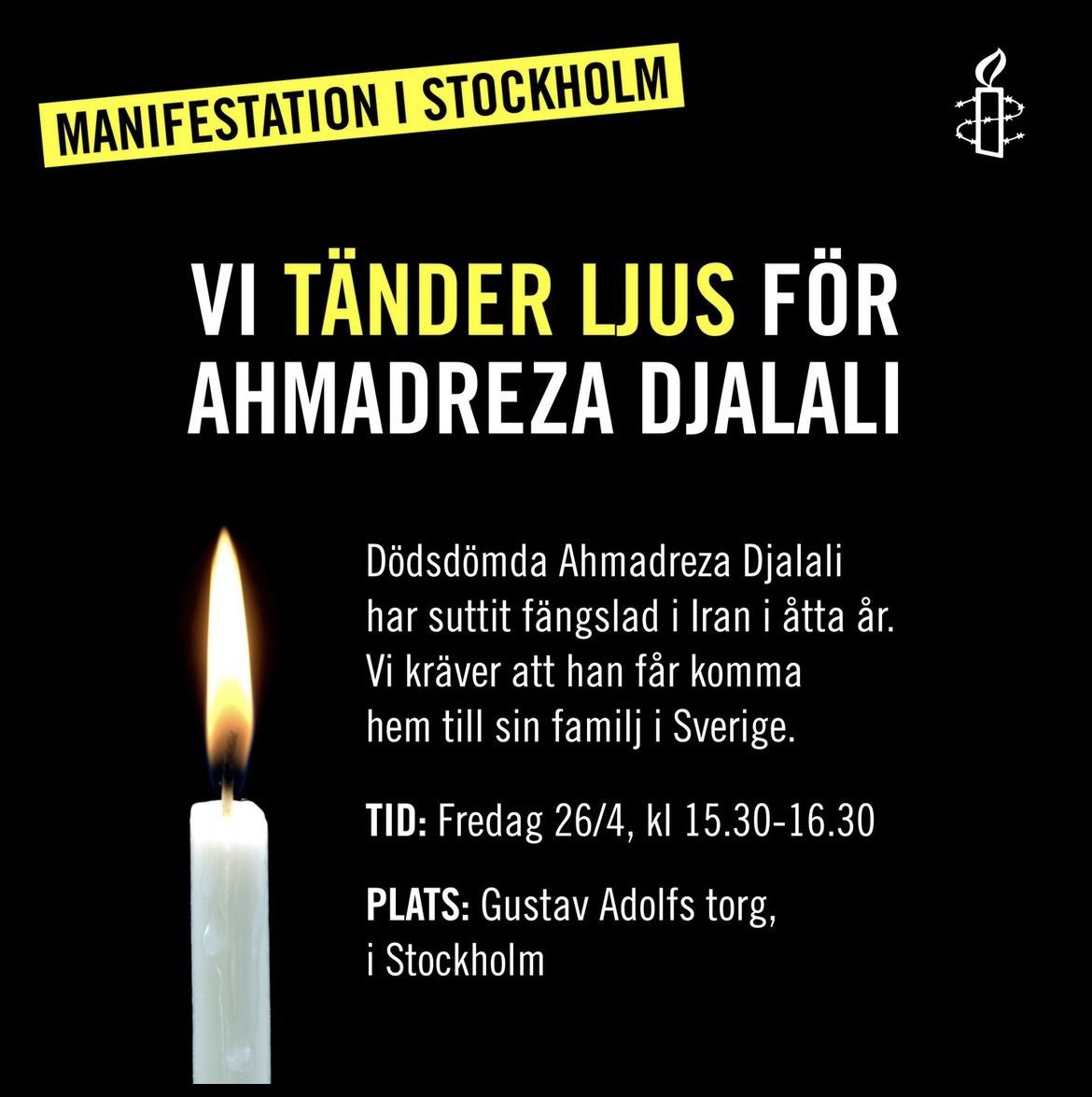 ❗️Manifestation för Ahmadreza Djalali i Stockholm anordnad av @AmnestySverige. Dagen efter hans åttonde årsdag i Evinfängelset. 📍Gustav Adolfs torg ⏰ Fredag 26/4, kl 15:30-16:30 När ska Sverige få hem Ahmadreza? #FreeDjalali #BringDjalaliHome