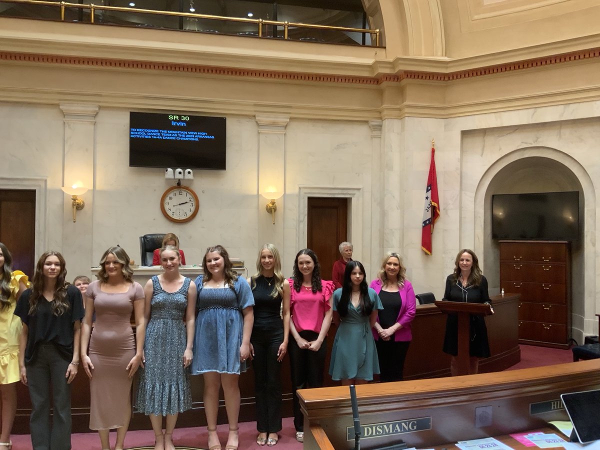 SenateAR's tweet image. SR30 Senator Missy Irvin recognized the Mountain View High School Dance Team as the 2023 Arkansas Activities 1A-4A Dance Champions.