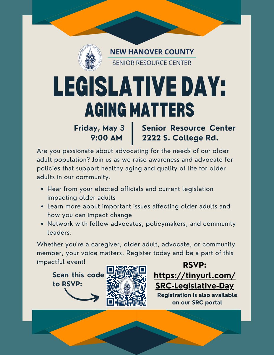 Don't forget! On Friday, May 3, the #NHCgov Senior Resource Center is hosting “Legislative Day: Aging Matters,' a day of learning, advocacy & engagement with elected officials and other community leaders on legislative issues for older adults. Learn more: loom.ly/4RZ9u5M