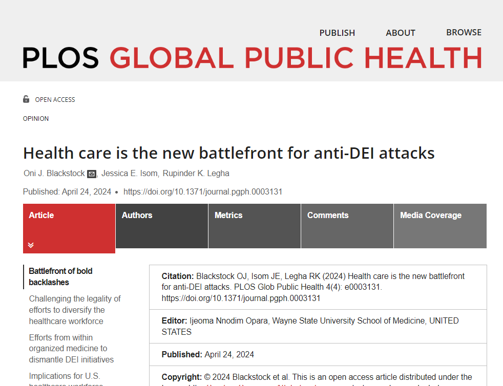 PLOS Global Public Health (@plosgph) on Twitter photo NEW Opinion by @oni_blackstock, <a href="/DrJessIsomMDMPH/">Jessica Isom MD MPH</a>, and @RupiLegha
Health care is the new battlefront for anti-DEI attacks
journals.plos.org/globalpubliche⦠NEW Opinion by @oni_blackstock, <a href="/DrJessIsomMDMPH/">Jessica Isom MD MPH</a>, and @RupiLegha
Health care is the new battlefront for anti-DEI attacks
journals.plos.org/globalpublicheā¦