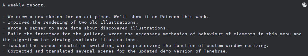tenebrae_vn's tweet photo. A weekly report
#gamedevs #indiedev #indiegames #progress #vndev #visualnovel #otome #steam https://t.co/XMdrPaXvOr