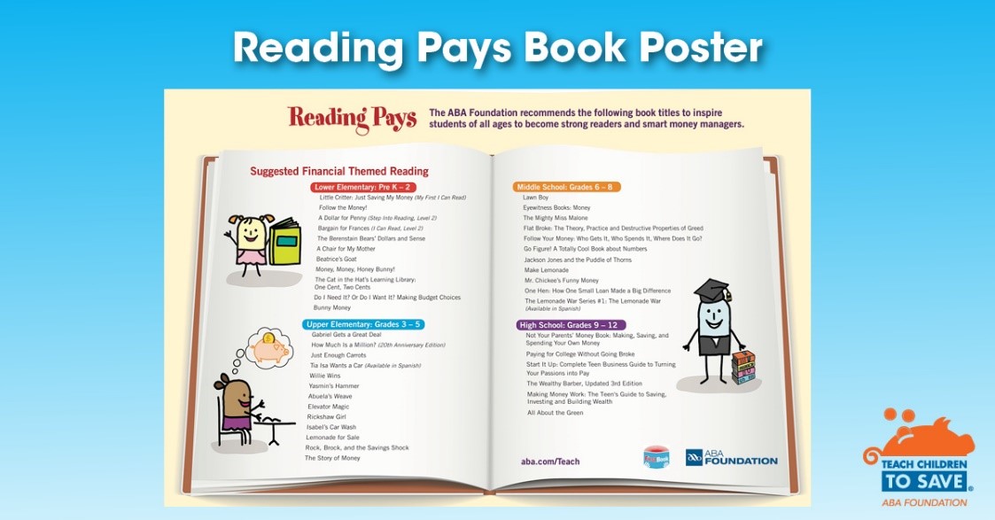 A2: It’s never too early to #TeachChildrenToSave. The ABA Foundation’s Reading Pays book poster features book titles to inspire students of all ages to become strong readers and smart money managers. Download it here: aba.social/3wO2BX6 #CreditChat