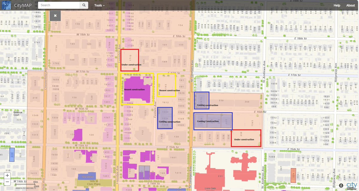 My neighbourhood #NorthVan Yellow recent new buildings Red under construction Blue coming construction For two decades, I've resided in this area, witnessing nonstop construction and ongoing traffic diversions. Last night, I finally caught up on the city's development plans. 👀🛠️