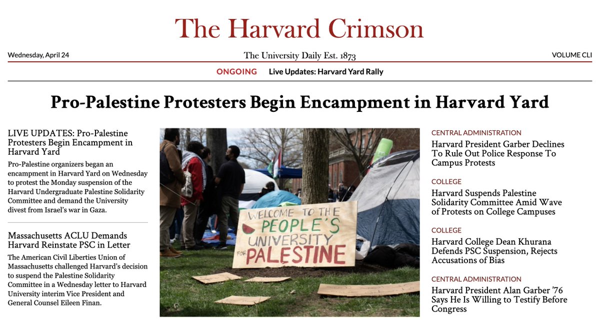 Huge shoutout to @neilhshah15 @dseum22 for updating our homepage on short notice to highlight our breaking news coverage of the encampment in Harvard Yard! So lucky to have the best team in collegiate journalism @claireyuan33 & @eschisgall