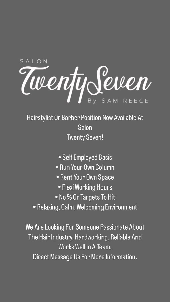 🚨 Opportunity now available at Salon Twenty Seven Sheffield 🚨