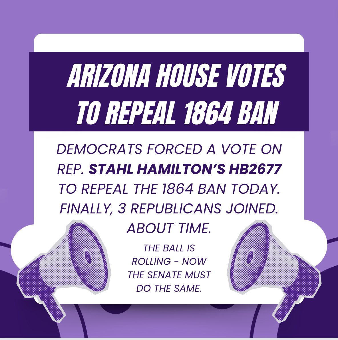 🚨🚨 BREAKING 🚨🚨 After weeks of fighting parliamentary rules and Republican games, Arizona Democrats led a repeal of the draconian 1864 abortion ban and WON. Arizonans, we hear you. Good to know we are out of the 19th century. #azleg #AbortionIsHealthcare #abortionrights
