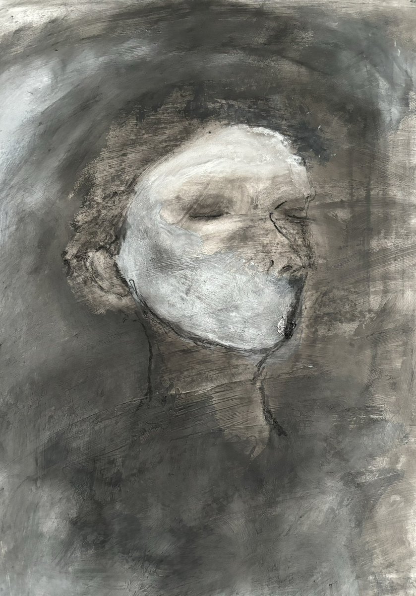Fascinating process: drawing, blending, rubbing out, painting over repeatedly, building up layers of charcoal. Rubbed away paper in one place, but a face is beginning to emerge. #WIP #portrait #charcoal #experimenting