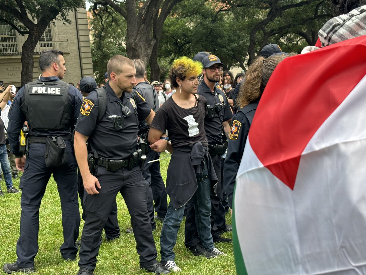 Things are a tense at the University of Texas at Austin. Multiple students participating in a pro-Palestine action are getting arrested. Students keep moving around campus, and police arrests one or two and then back off.