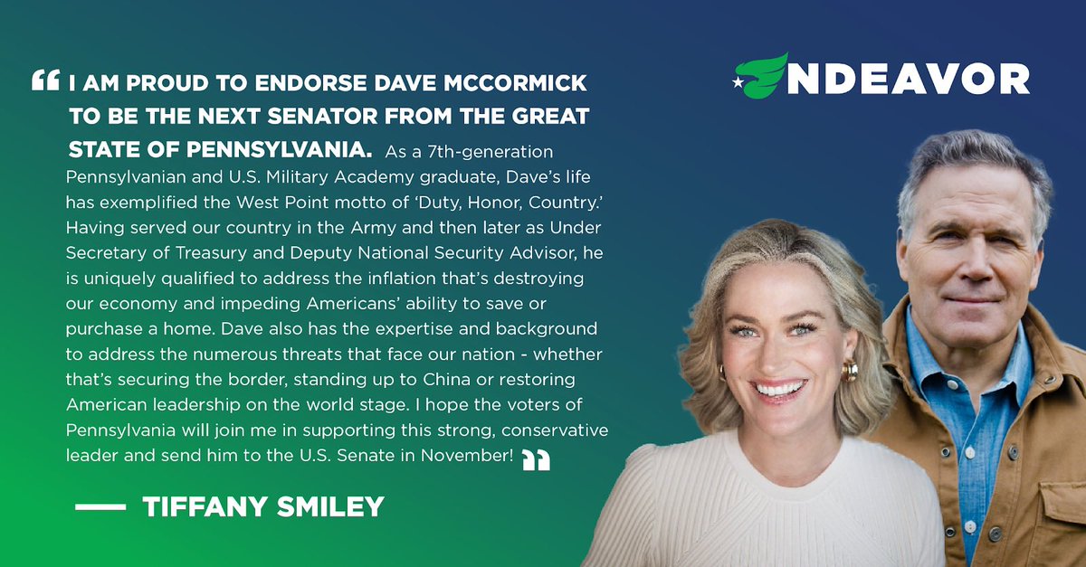We need leaders with the life experience to lead our country through the numerous challenges we face. @DaveMcCormickPA is that kind of leader, and we are proud to endorse his campaign for the U.S. Senate!