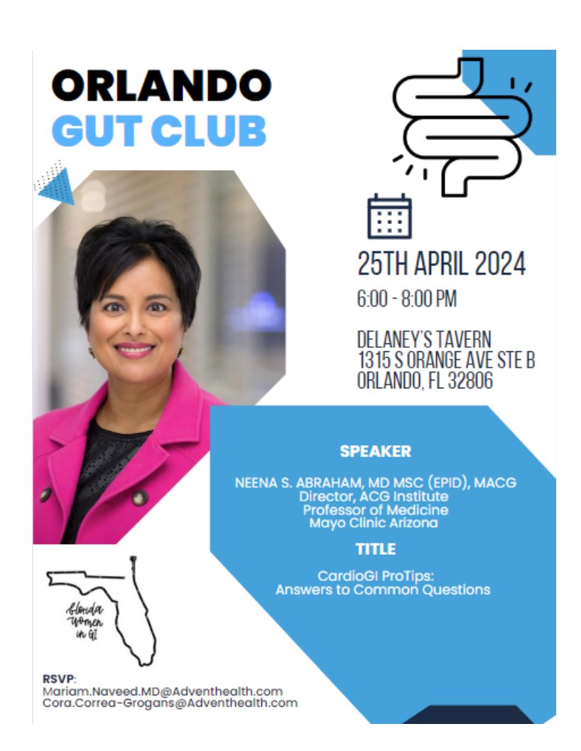 👉🏽 Looking forward to joining #GI community at the Orlando Gut Club tomorrow evening 👉🏽 Let’s unpack #CardioGI clinical conundrums & provide you with an approach 👉🏽4/26/24 at Delaney’s, 6-8 pm 👇🏽RSVP #FloridaWomenInGI @AmCollegeGastro #Institute #EAVP