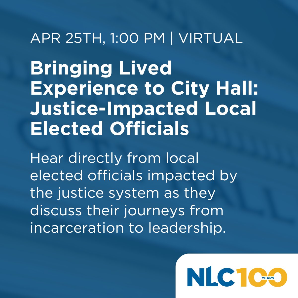This Second Chance Awareness Month, hear from local officials on 4/25 as they discuss their journeys from incarceration to leadership, the importance of second chances, and why returning citizens should be engaged in local politics. Register now: nlc.org/events/municip…