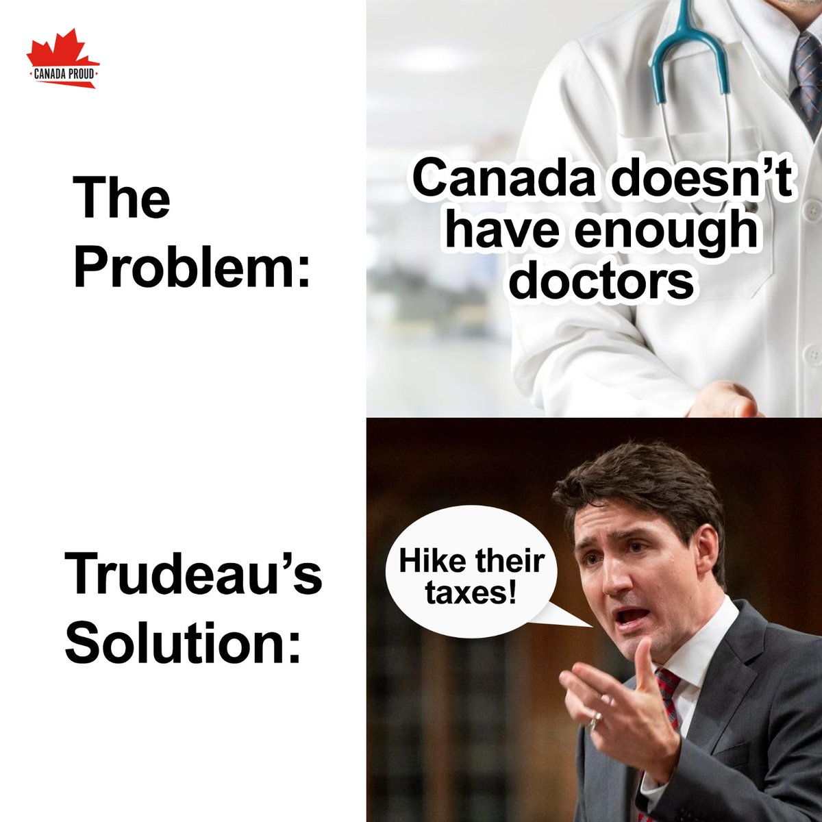 WeAreCanProud's tweet photo. Trudeau's capital gains tax hikes threatens the retirement security of many doctors and will cause them to leave Canada. 

Are Trudeau's policies always poorly thought out? 😒 https://t.co/NtfkyEmQ4i