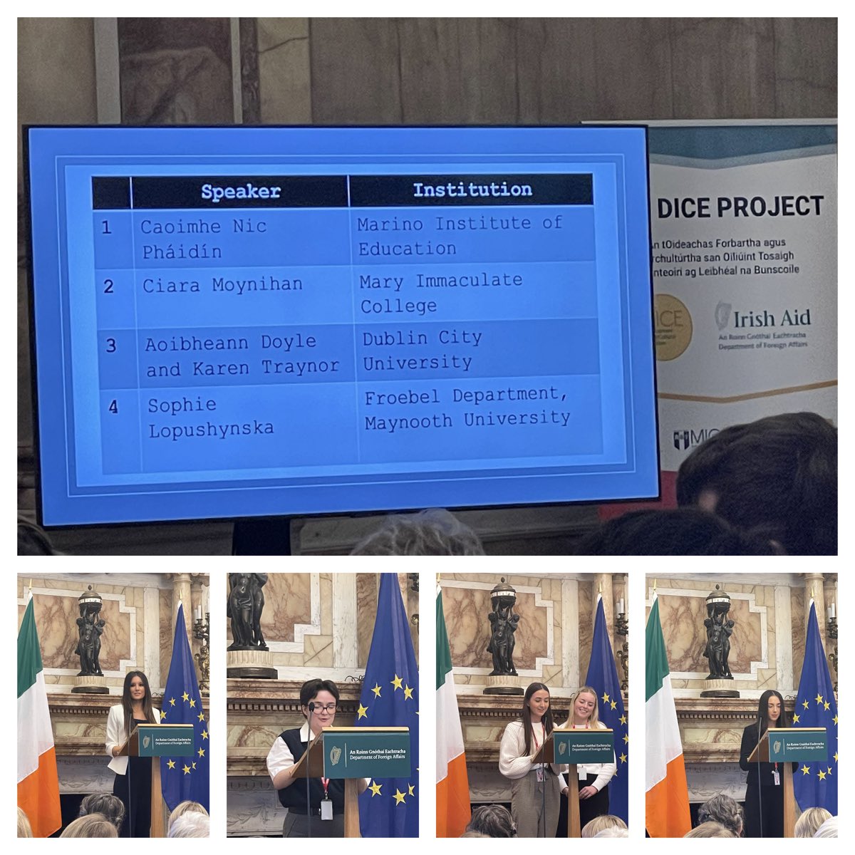 Inspiring student teachers and new teachers share their experience of Global Citizenship Education in @DCU_IoE @MarinoInstitute @froebelMU @MICEducationFac in the beautiful ballroom of Iveagh House, representing 33,000 graduates of #DICE20 @Irish_Aid