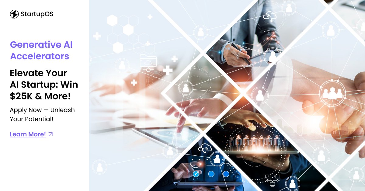 🚀 Launch Your AI Startup into New Heights with StartupOS! 🌟
Are you ready to revolutionize your AI venture? Enter the StartupOS Generative AI Accelerator for a chance to win $25,000 and gain unparalleled exposure to industry leaders.
Here’s what you could achieve:
⚡ $25,000