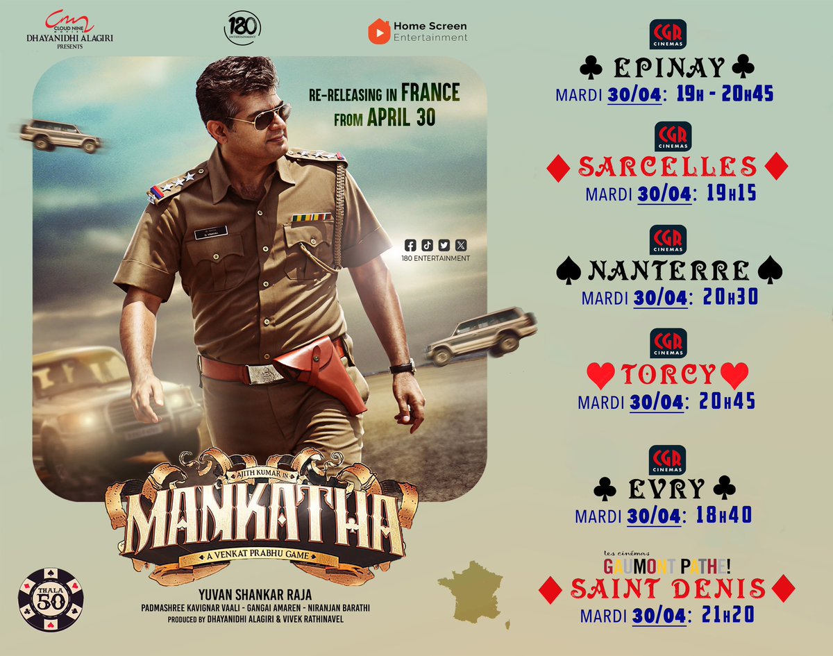 #AK50 Mankatha Re-Releasing in 6 Cinémas Across France 🇫🇷! 

#Ajithkumar #MankathaReRelease #Mankatha #oneeighty #TamilMovie #TamilReRelease
