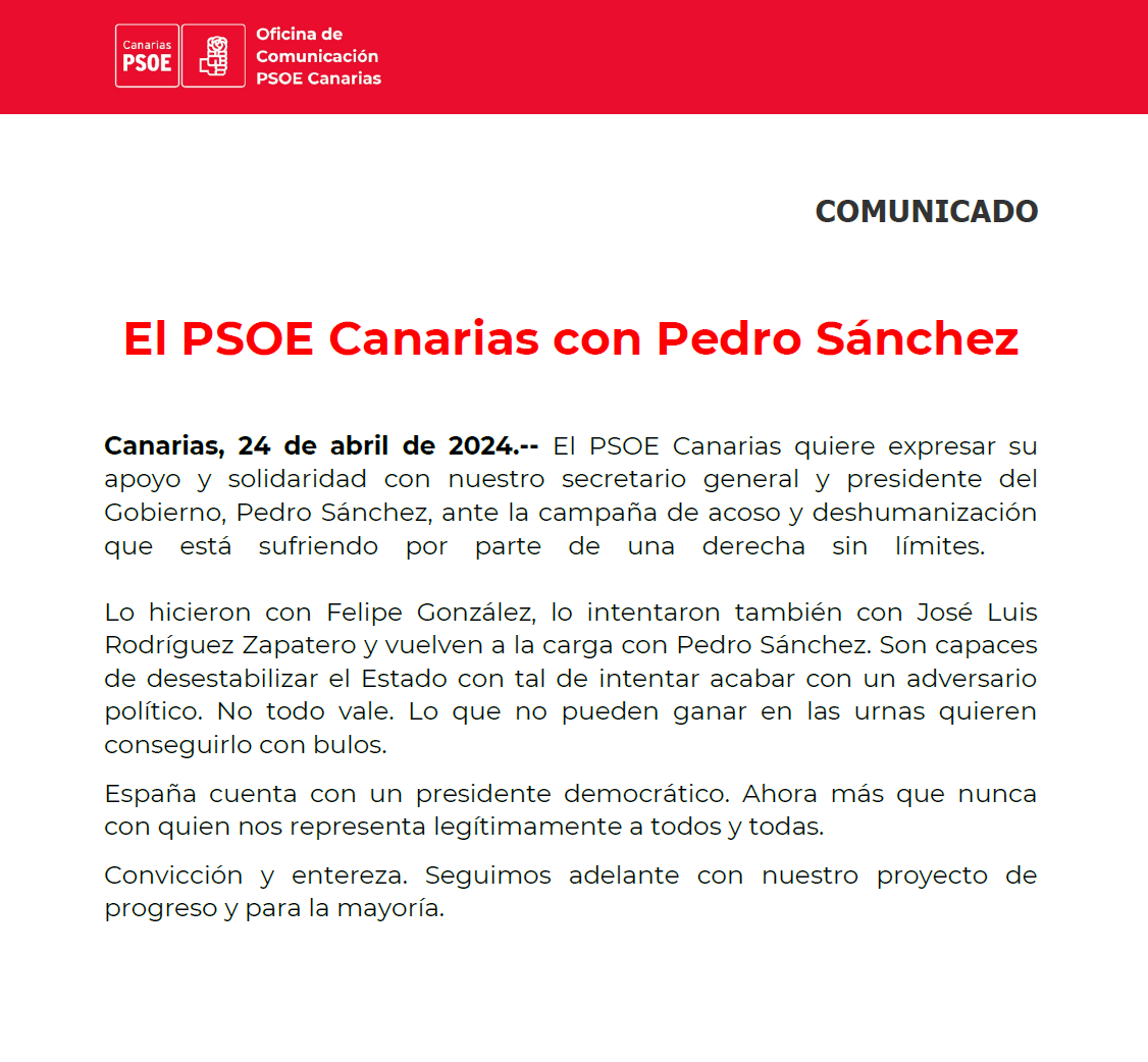 Todo nuestro apoyo y solidaridad con Pedro Sánchez. ¡Ánimo y fuerza, Presidente!