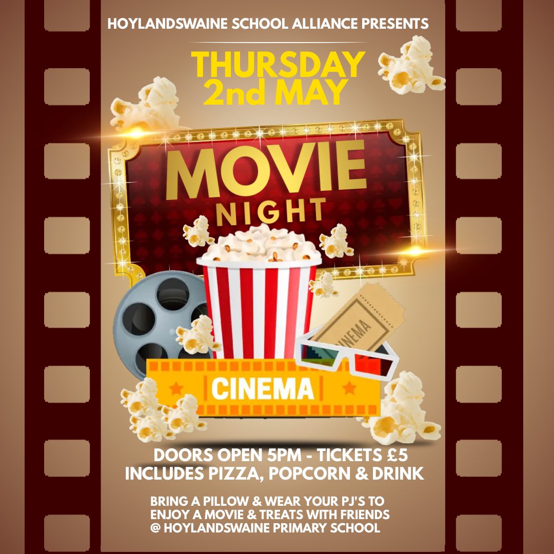 MOVIE NIGHT - THUR 2nd MAY 5pm
🍿🎬🎞️🍕

We’ll be showing the newest Wonka movie 💜
And the ticket includes pizza, popcorn, drink &amp; treats 😋

Please book via the usual link:

pta-events.co.uk/hoylandswainep…

Thanks, HSA 💝