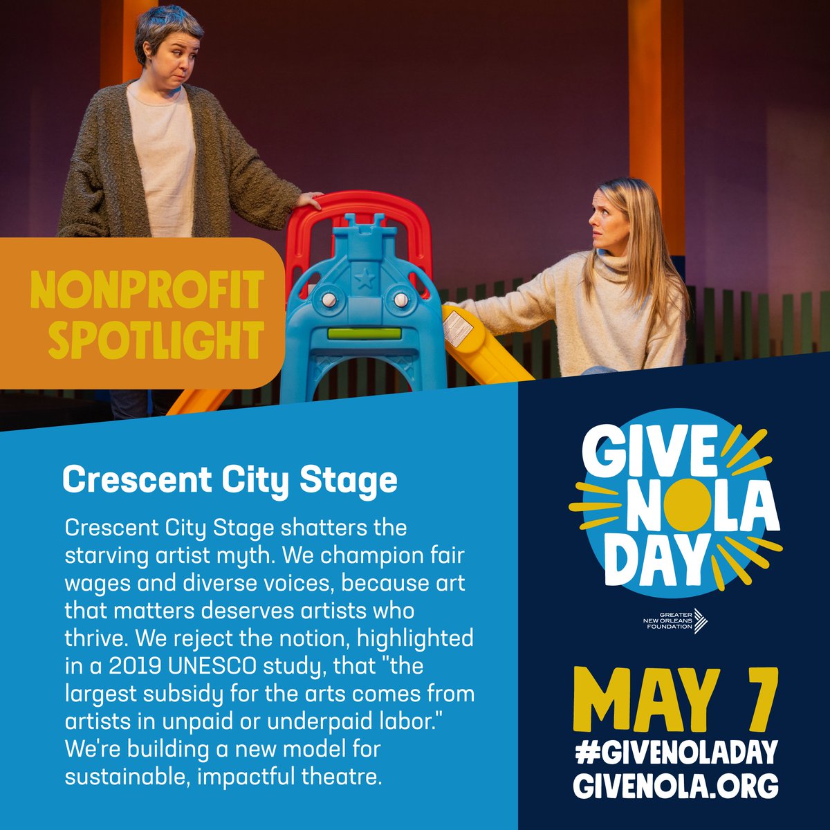 Next up, we’re spotlighting #GiveNOLADay nonprofit, @CrescentStage, which champions fair wages and diverse voices, because art that matters deserves artists who thrive. Early Giving has begun! Visit givenola.org to donate. #GiveNOLADay is on May 7.
