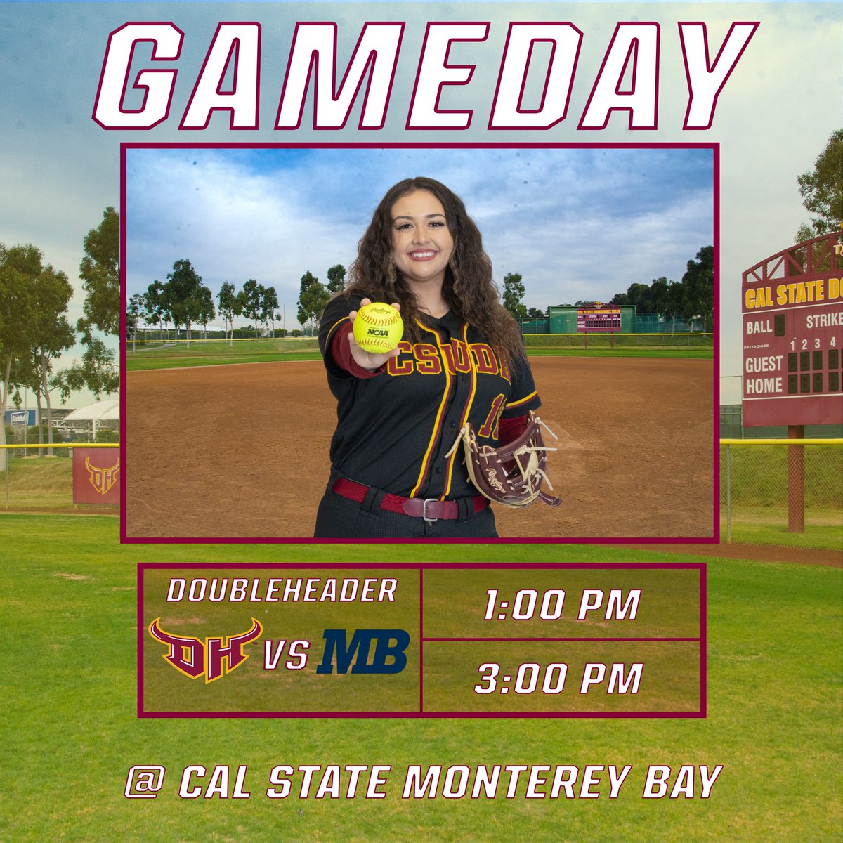 Gameday! @CSUDHsoftball begins their series against Cal State Monterey Bay in a doubleheader on the road today. ⏰: 1 pm & 3 pm 📍: Seaside, CA 📺: ccaanetwork.com 📊: bit.ly/3UvY8Bs