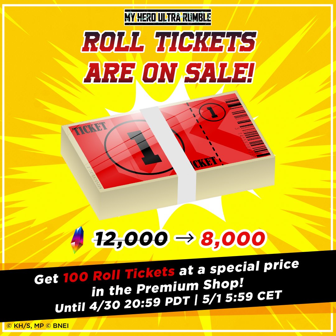 MyHeroUR's tweet photo. Roll Ticket are BACK on sale for a limited time!
Get 100 Roll Tickets for 2 types of special price at the Premium SHOP until 4/30 20:59 PDT | 5/1 5:59 CET!
#MHUR https://t.co/OnrpJN0g0h