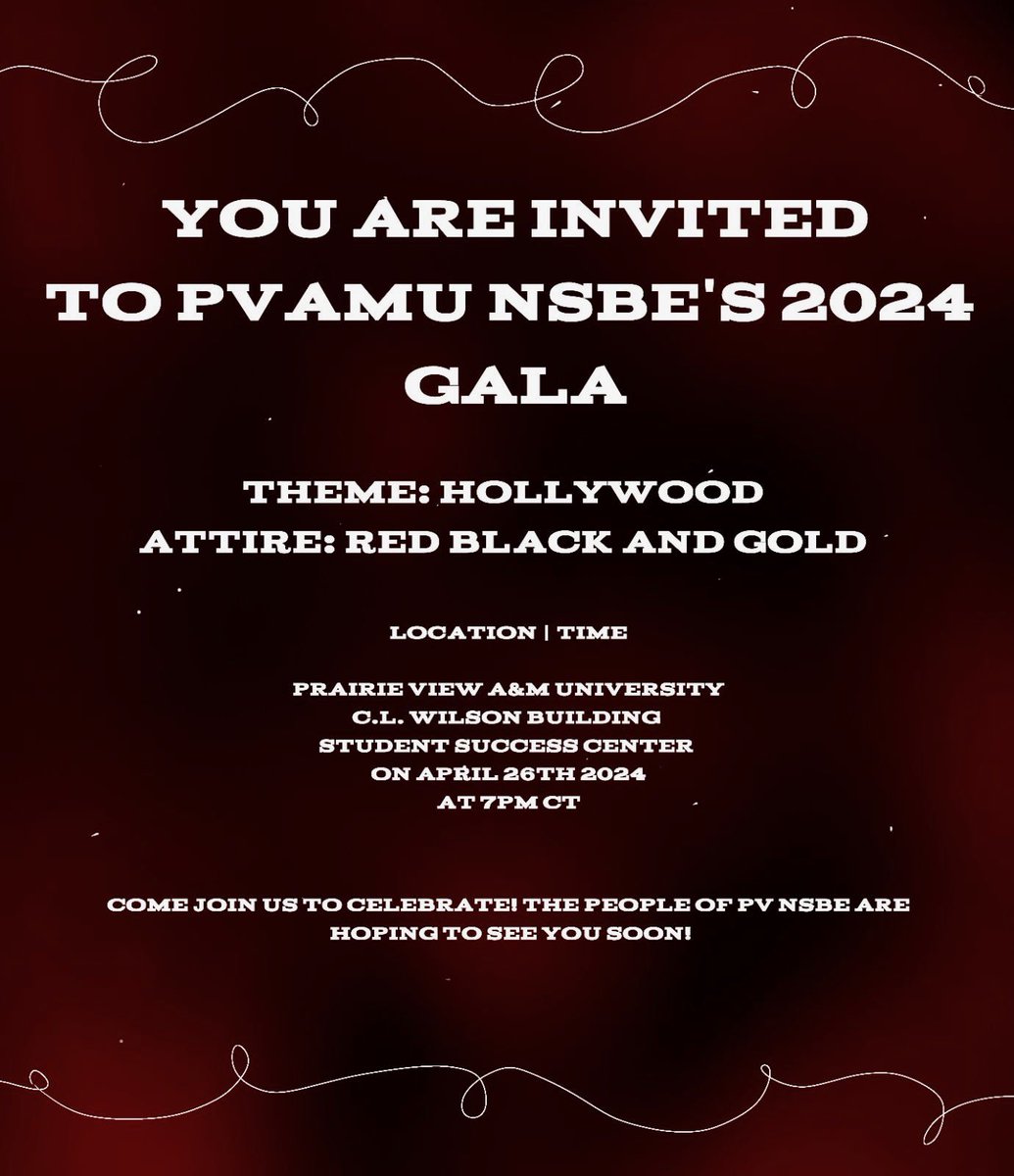 This Friday Night, our Final End of the Year Gala will be taking place at 7PM in the Success Center!

The Colors are Red, Black, Gold and Excellence🤩 
Come out as we reflect and close our AMAZING year out with a bang!

#PVNSBE