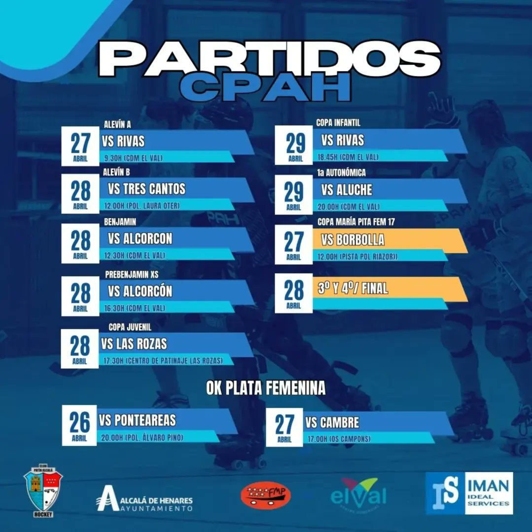 AlcalaHockey's tweet photo. El senior vuelve a casa y las #guerrerasalcalinas disputan doble jornada en Galicia para certificar el ascenso matemático a la Ok Liga Iberdrola.
#guerreras #guerreros #CPAH
#aupaalcala 💙 #juntossomosmasfuertes #hockeypatines #hockeysobrepatines #valores #igualdad #Alcalá https://t.co/nhLL0nKv6n