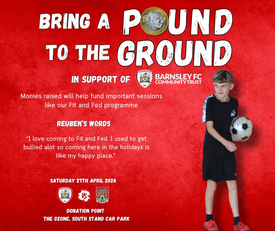 BRING A POUND TO THE GROUND 🔴⚽ A few examples of how your donations can help us continue our important work throughout Barnsley! ❤️ Donations can be made this Saturday in The Ozone, South Stand Car Park. @barnsleyfc