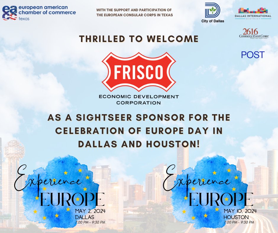 🎉 We're excited to announce Frisco Economic Development Corporation as Sightseer Sponsor for Experience EUROPE™ 2024, the official celebration of Europe Day #Dallas #Houston! 
Embark on a European Adventure: Choose your city and secure your spot NOW! 
🎟️ow.ly/FLJm50RnrB9