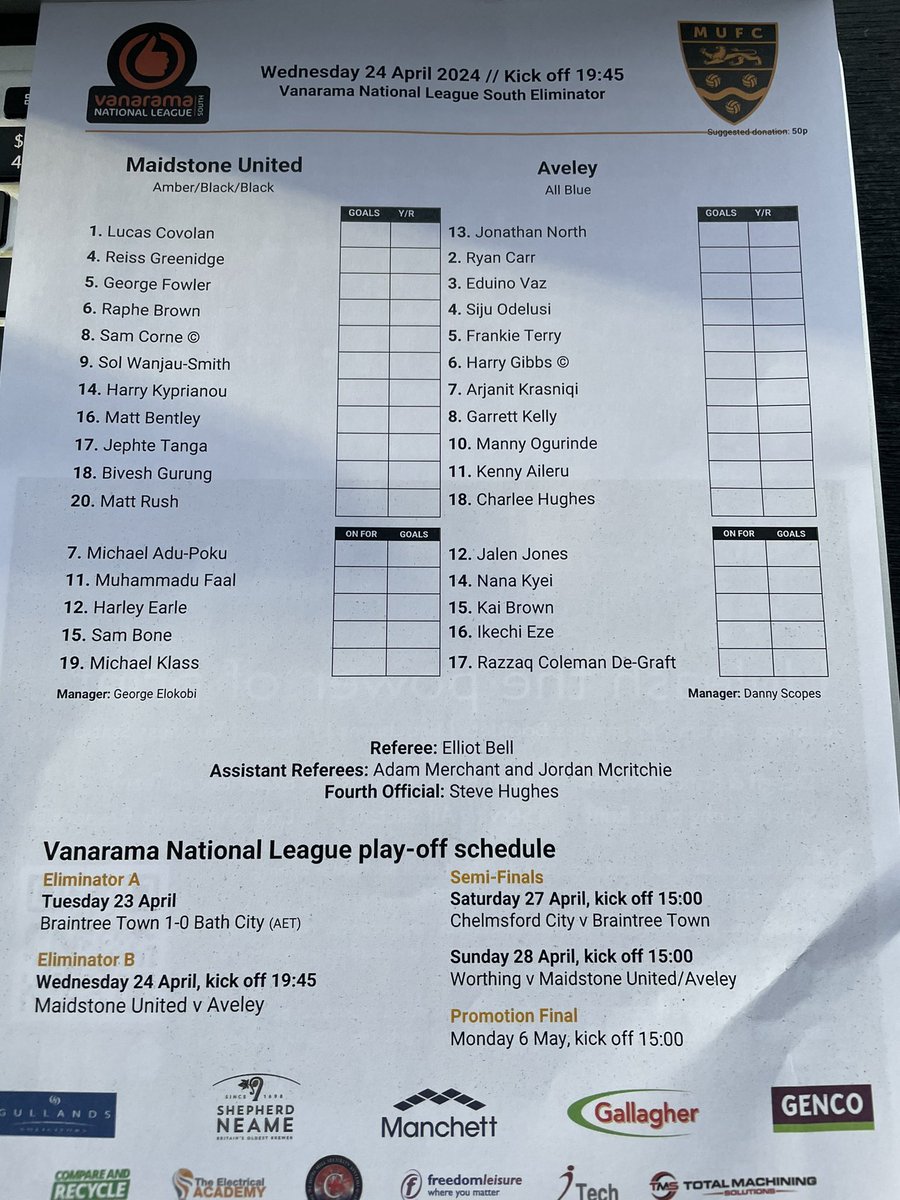 At the Gallagher Stadium for tonight’s National League South play-off clash between @maidstoneunited and @AveleyFC, with coverage for @NonLeaguePaper. Here is how they will line-up