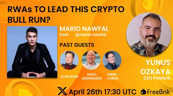 🎙️We are pleased to announce that this Friday, we will be hosting an event with @MarioNawfal at X space, where we will discuss RWA investments! 🚀Set your calendar and join us for an opportunity to win 500 USDT in Freebnk tokens! twitter.com/i/spaces/1PlKQ…