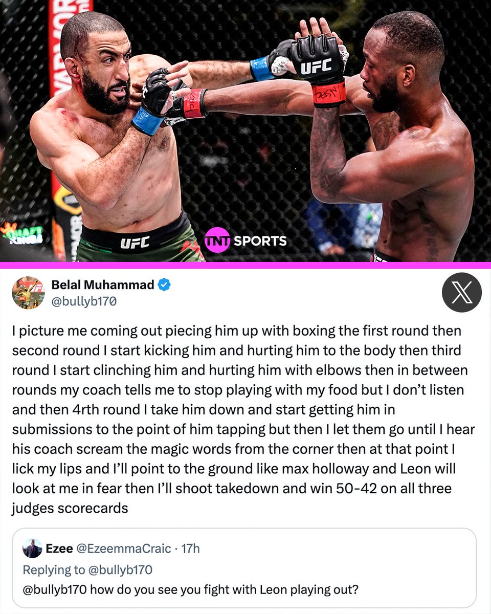 Belal Muhammad gives a detailed description of how he sees a rematch with the champ Leon Edwards going 😅 #UFC304 | July 27th | LIVE on TNT Sports and discovery+