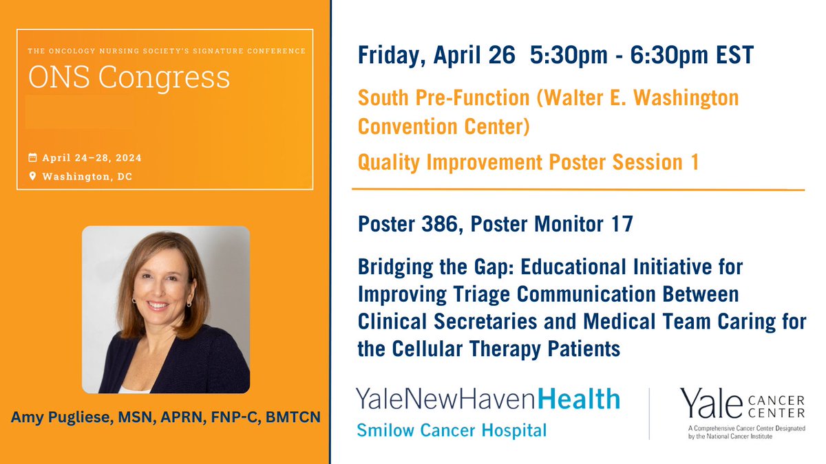 At 5:30pm, Amy Pugliese, MSN, APRN, FNP-C, BMTCN, will present on a project designed to ⬆️ the ability of clinical secretaries to triage patients and avoid delays in patient care. #ONSCongress #ONS24 ons.confex.com/ons/2024/meeti… @SmilowCancer @YaleMed @YNHH @YaleHemOnc @YaleNursing