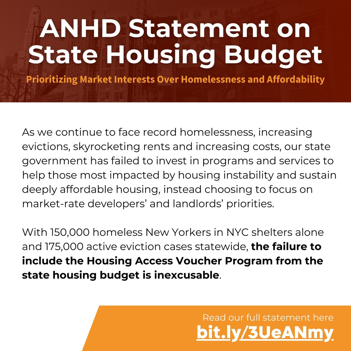 ANHD is disappointed that the state budget favors real estate interests over homelessness and affordability. Our full statement: anhd.org/press-release/… #AffordableHousing #Homelessness #StateBudget