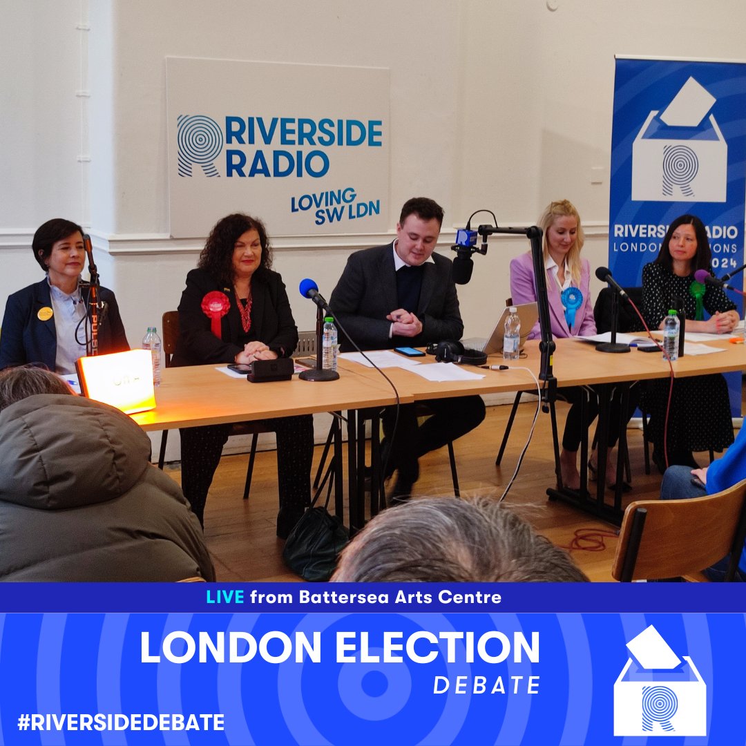 The LONDON ELECTION DEBATE is underway LIVE at @battersea_arts Centre.

@SueWixLD of @LondonLibDems 
@LeonieC of @LondonLabour 
@CllrCoxEleanor of @LdnConservative 
@pippamaslin of @LonGreenParty 

Follow the debate now at #RiversideDebate

#LondonElects #SouthWestLondon