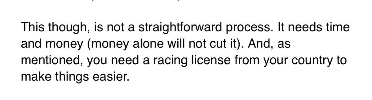 response when I inquired about a license to drive an oversea track “Money alone will not cut it”