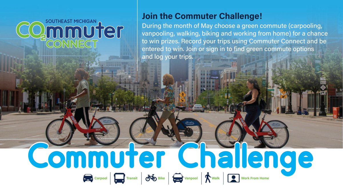 The Commuter Challenge is a month long competition for Southeast Michigan residents to try a green commute during the month of May using Commuter Connect. Sign up now!  commuterconnectmi.org #CommuterChallenge