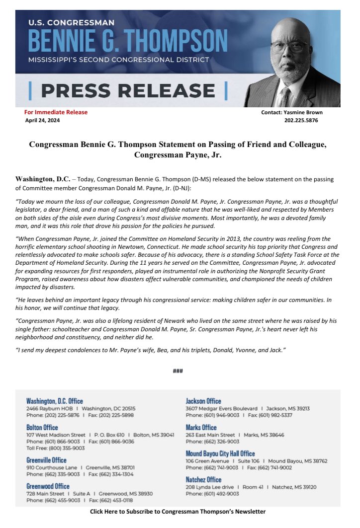 Congressman Bennie G. Thompson Statement on Passing of Friend and Colleague, Congressman Payne, Jr.