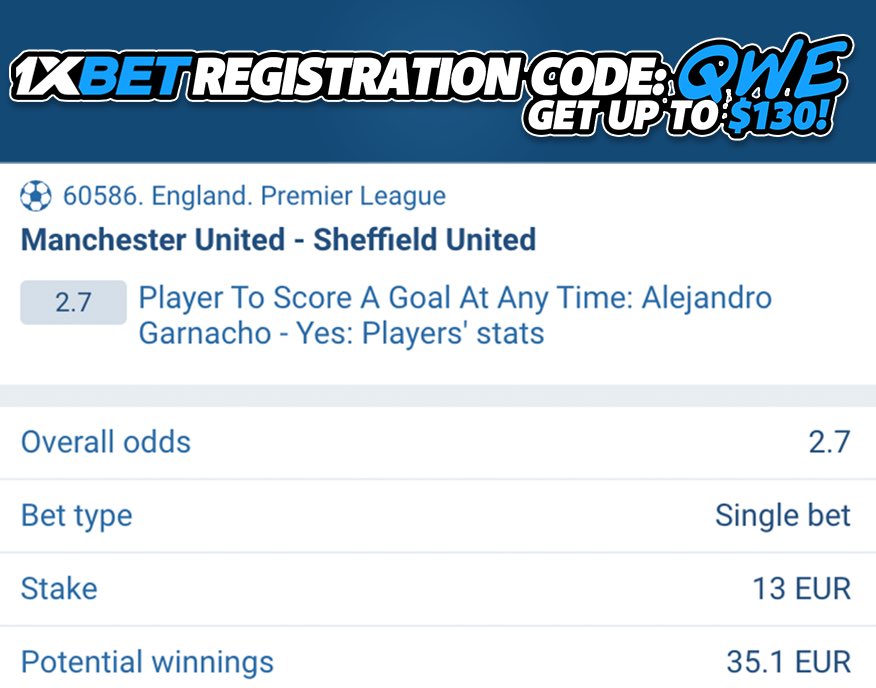 Alejandro Garnacho will score against Sheffield Utd. Odds: 2.70❗️ Registration Promo Code (130$ bonus) = 'QWE' 🎁 Full Offer: affpa.top/L?tag=d_427079… #Betting #BettingTwitter #BettingPicks #BettingExpert #BettingSports #ManUtd #MUFC #MUNSHU