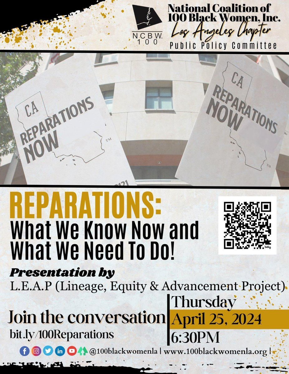 Chad_Boogie's tweet photo. TOMORROW Thursday 4/25 @ 6:30 PM PDT!
Join us for this #CAReparations conversation with @nc100bwinc!
Brought to you by the volunteers of @leapofficialorg.
Registration Link👉🏾 https://t.co/otOJPZuuSP
✊🏾💪🏾🔥 https://t.co/9DrGQMwFdq