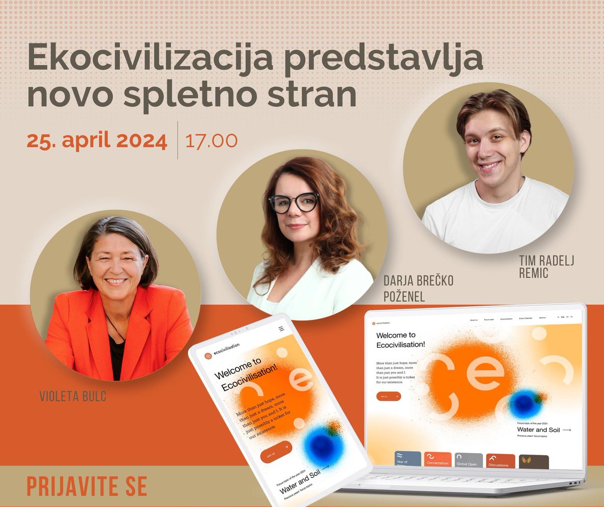 Violeta Bulc (@bulc_eu) on Twitter photo Predstavitev nove Spletne strani <a href="/ecocivilisation/">ecocivilisation</a>: č𝗲𝘁𝗿𝘁𝗲𝗸, 𝟮𝟱. 𝟰. 𝟮𝟬𝟮𝟰, 𝗼𝗯 𝟭𝟲.𝟬𝟬 🟠
📝 Prosimo da svojo udeležbo potrditev oz. se prijavite ▶ bit.ly/3Q3WVik Predstavitev nove Spletne strani <a href="/ecocivilisation/">ecocivilisation</a>: č𝗲𝘁𝗿𝘁𝗲𝗸, 𝟮𝟱. 𝟰. 𝟮𝟬𝟮𝟰, 𝗼𝗯 𝟭𝟲.𝟬𝟬 🟠
📝 Prosimo da svojo udeležbo potrditev oz. se prijavite ▶ bit.ly/3Q3WVik