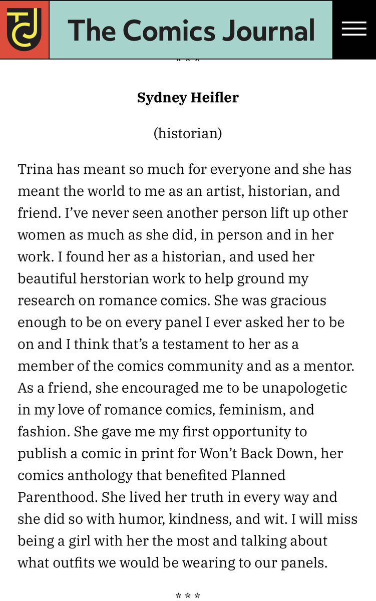 ty @ComicsJournal @andrewfarago @fantagraphics for letting me pay tribute to Trina 💖🖤♥️💕