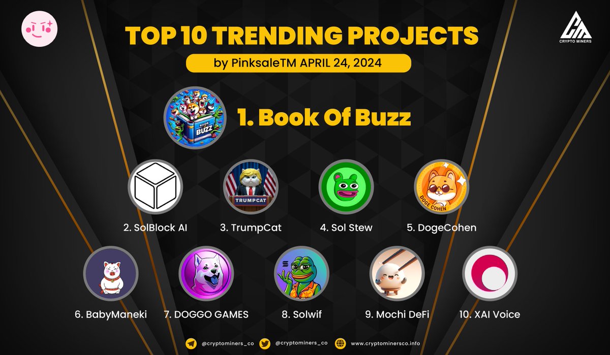 🏆 TOP 10 TRENDING PROJECTS on #PinkSale 🥇 $BOOBZ - @BookofBuzz 🥈 $SOLBLOCK - @SolBlockAI 🥉 $TRUMPCAT - @Trumpcat_inSOL 4️⃣ $STEW - @Solanastew 5⃣ $DOGEX - @DogeCohenD 6⃣ $BABYMANEKI - @Babymanekinews 7⃣ $DOGGO - @SolDoggoGames 8⃣ $SOLWIF - @Solwif_official 9⃣ $MOCHI -…