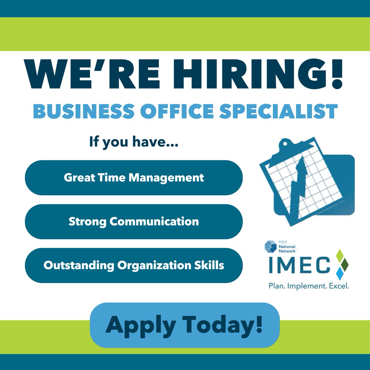 If you have: Great time management Strong communication Outstanding organizational skills We have the perfect position for you! IMEC is hiring a Business Office Specialist in the Peoria area. Interested? Learn more about this role and apply today: bit.ly/4d4tQgJ