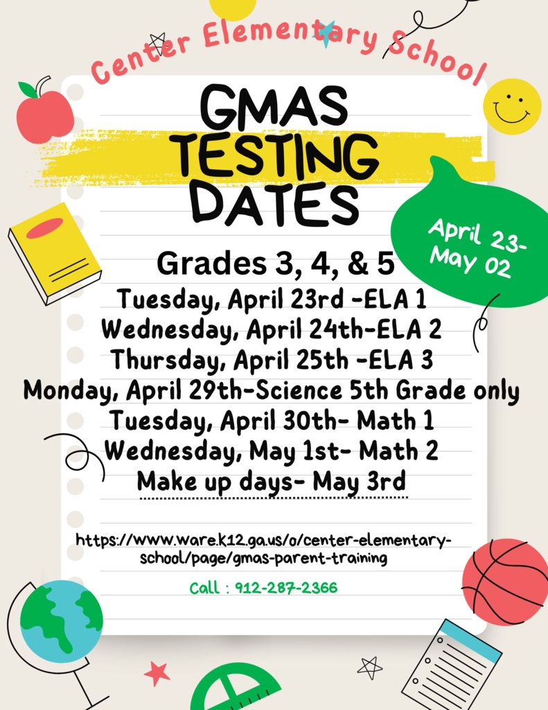 CenterElemTiger's tweet photo. We will administer the ELA 3 test for grades 3, 4, and 5 tomorrow, April 25th. https://t.co/Uxs3StWWgv