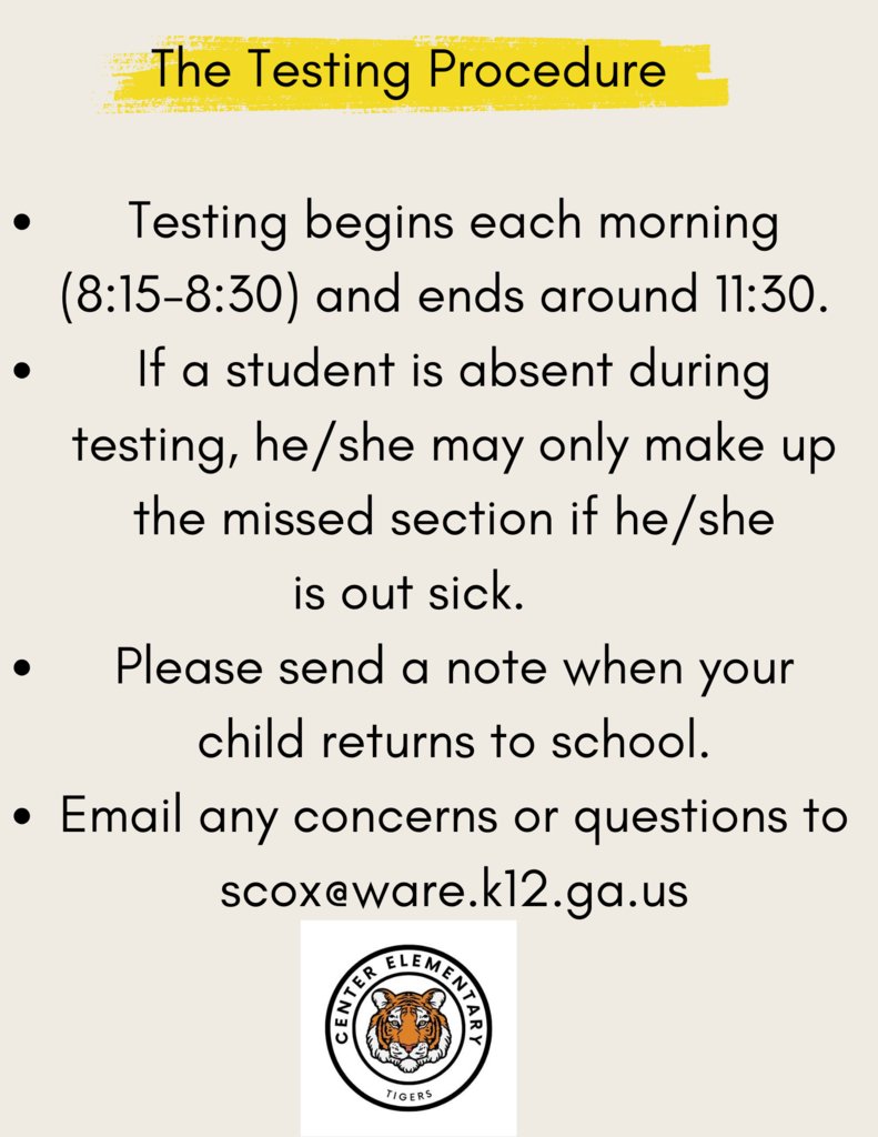 CenterElemTiger's tweet photo. We will administer the ELA 3 test for grades 3, 4, and 5 tomorrow, April 25th. https://t.co/Uxs3StWWgv