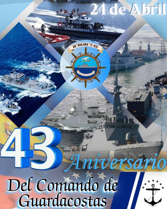 Goajirat63's tweet photo. Hoy 24 de Abril, el CN JORGE RUZZA BRETT y toda su tripulación se honran en felicitar al Comando de Guardacostas por arribar a su 43 Aniversario al Servicio de la Patria, GUARDACOSTAS SOMOS TODOS.
VIGILIA Y ACCIÓN.
@armadabolivariana @guardacostas_21 @escuadrave1 @abcedebas https://t.co/Ome6eorGgR