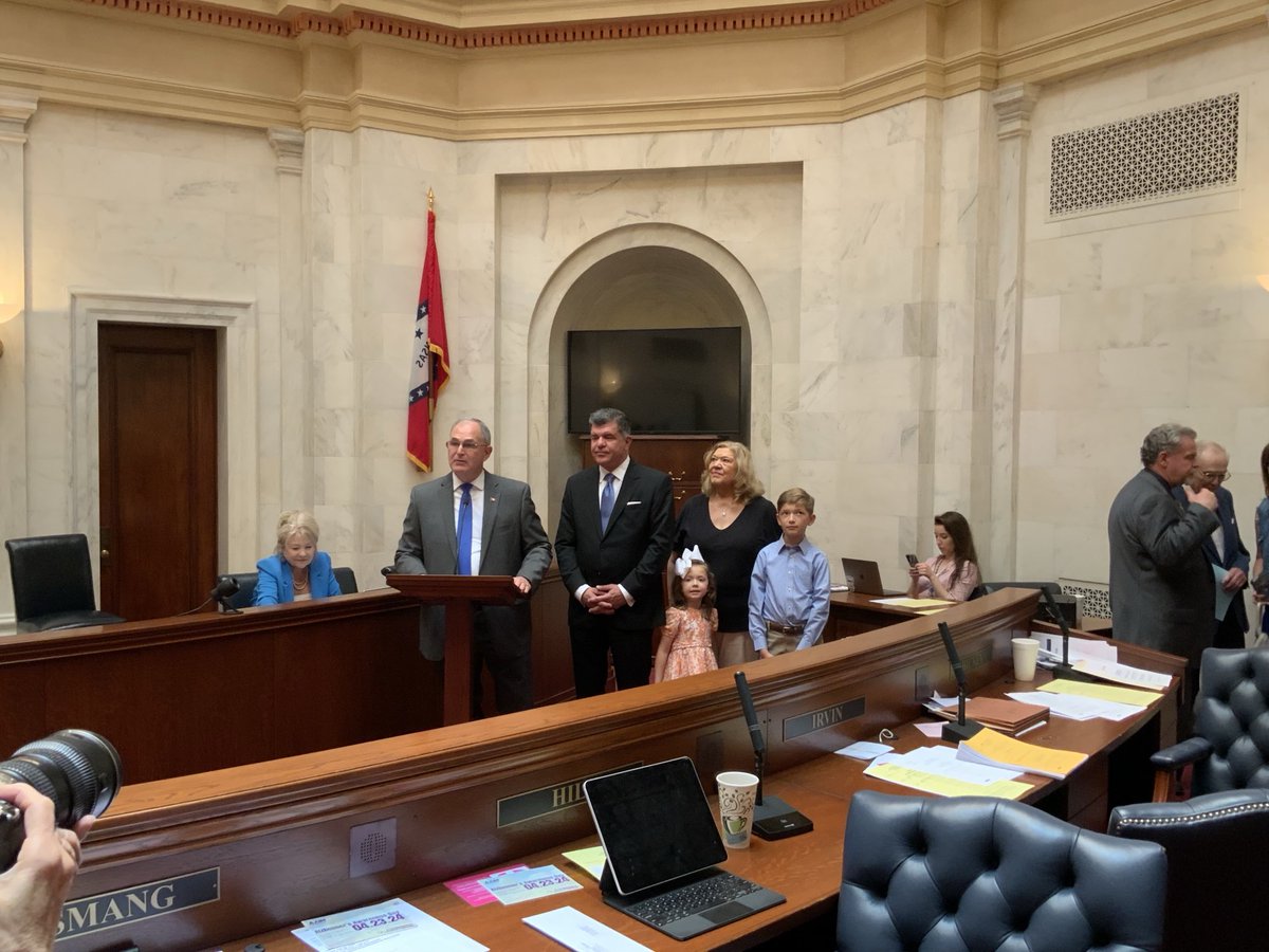 SenateAR's tweet image. Senator Matt Stone with Dr. Roger Copeland his wife Jenny Beth and their grandchildren.  Senator Stone presented SR21 commending dedicated pastors, leaders, and teachers of the Missionary Baptist Seminary and Institute for their leadership in celebration of the 90th anniversary.